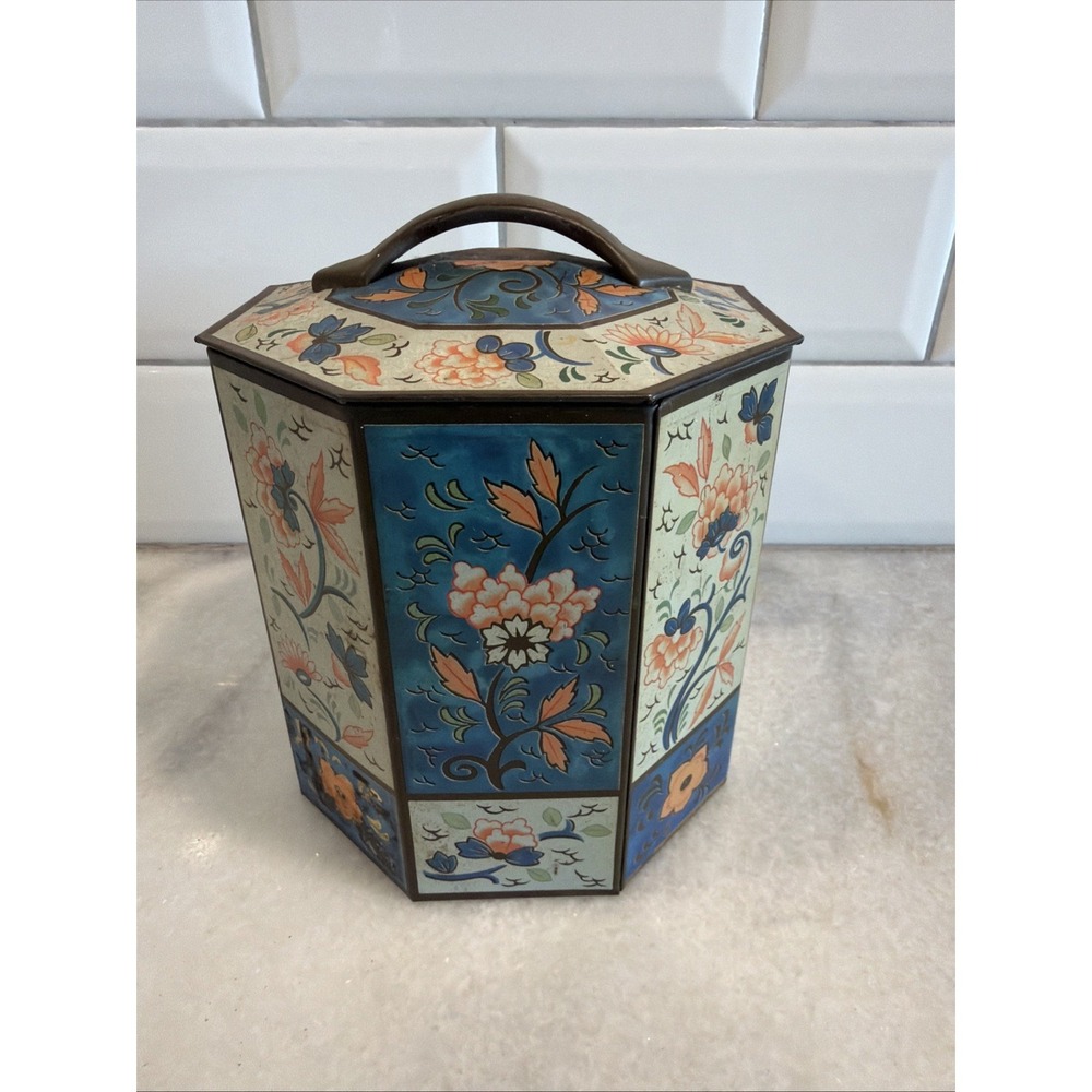 Vintage‎ 8-Sided Vintage English Beautiful Floral Octogonal Tin ES005